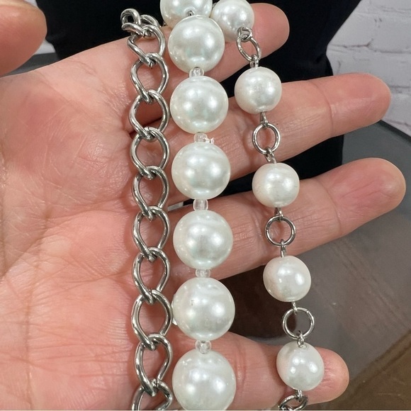 New York & Company Faux Pearls and Silvertone Chain 3 layer statement necklace - Picture 8 of 10